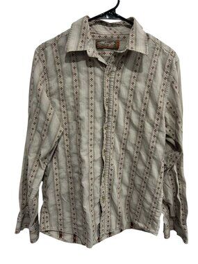 Retrofit Small Beige Long Sleeve Button Up Embroidered Stripe Western Retro Boho